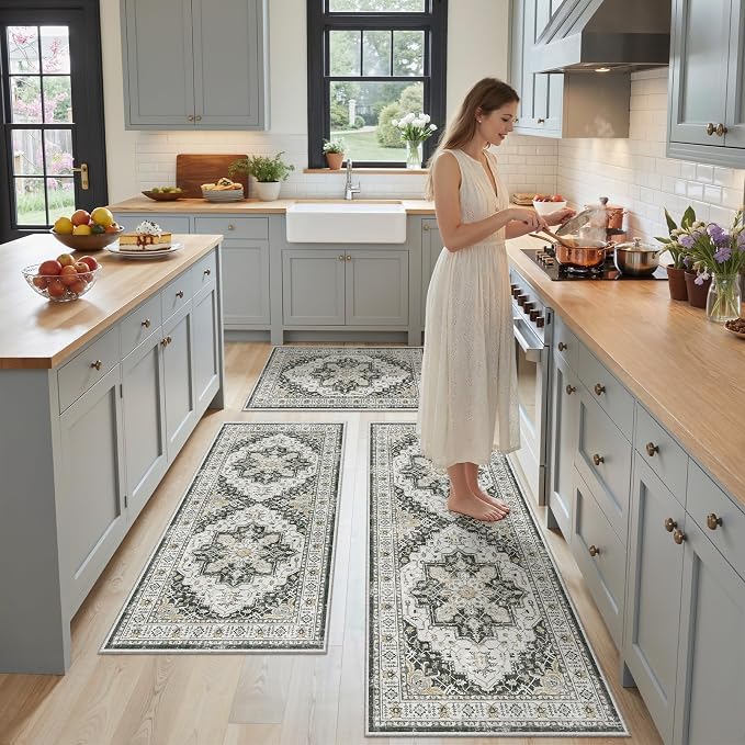Madane Washable Kitchen Rug Set of 3, Small Area Rug Non-Slip Vintage Entryway