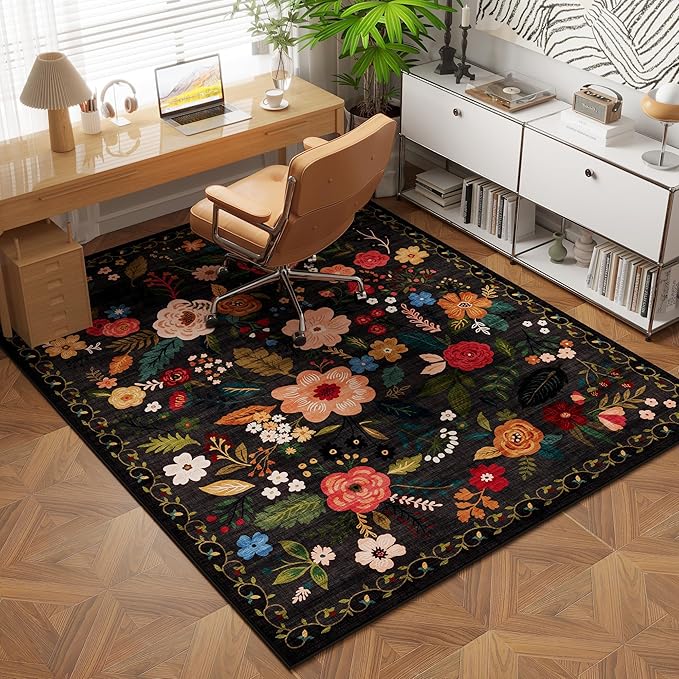 Rugcomf Area Rug 4x6 Rug Washable Boho Rugs Non Slip Low Pile Floral Small