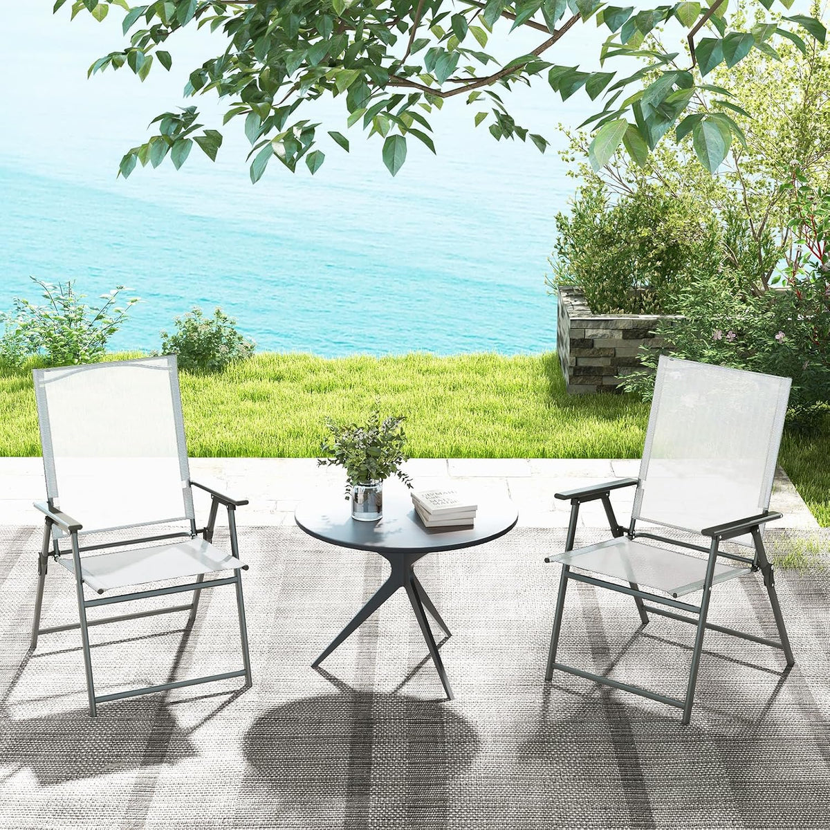 Tangkula Set of 2 Patio Folding Chairs, High Back Dining Chairs with Weather-Resistant Fabric, No Assembly, Outdoor Portable Metal Lawn Chairs with Armrests & Footrest for Garden (White)