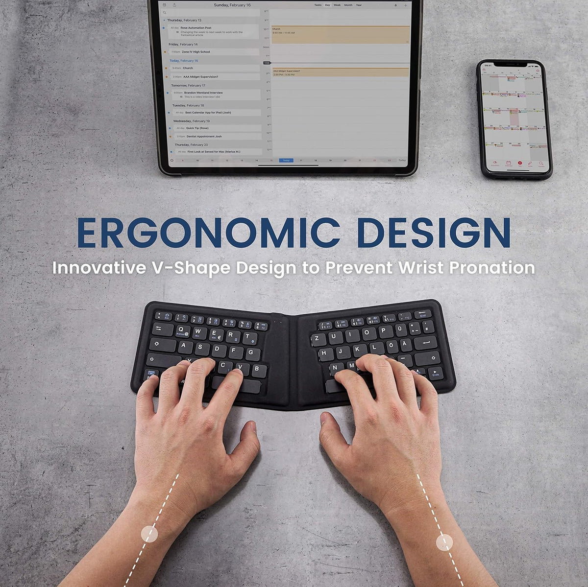 Perixx PERIBOARD-805E, Wireless Foldable Ergonomic Bluetooth Keyboard, Ultra-Thin X Type Keys, Compatible with iOS, Android, or Windows Smartphone, Tablet, or Laptops, US English