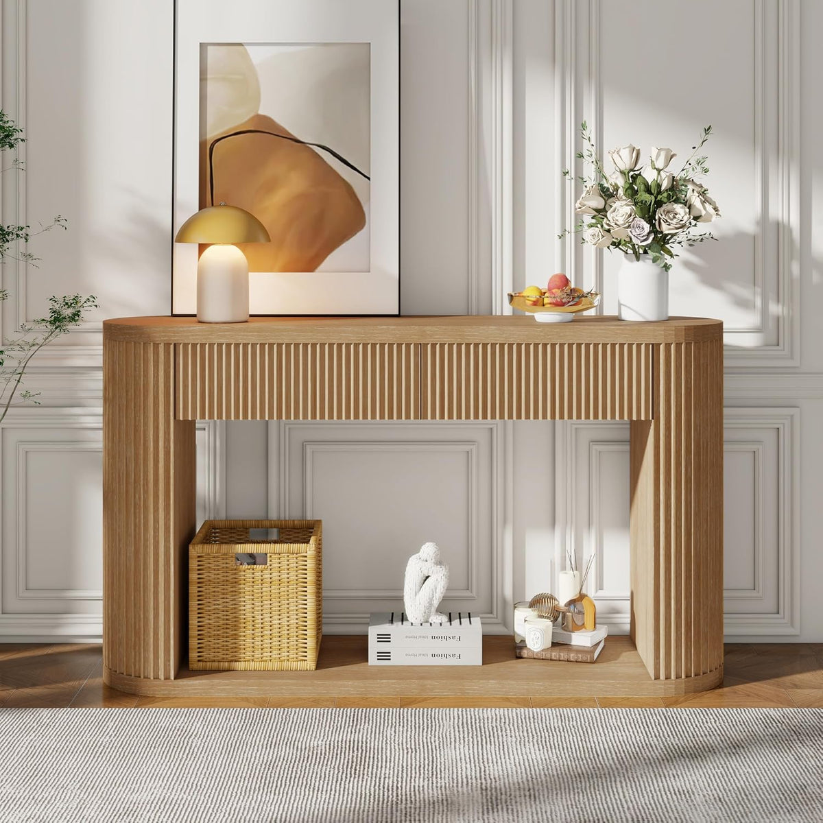 Elegant Oval Fluted Entryway Table with 2 Storage Compartments & Open Shelf,Solid Wood Veneer Console Table for Living Room Hallway (Natural1)