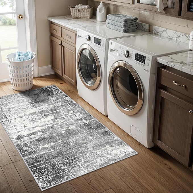 Abstract 2x4 Entryway Area Rugs: Washable Water Resistant Kitchen Rug Non-Slip