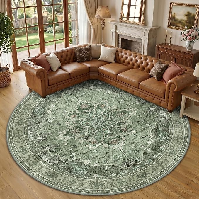 RELEANY Area Rugs Round 10ft Washable Non-Slip, Floral Vintage Distress