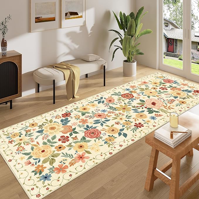 DUKINO 3x8 Washable Runner Rug, Non Slip Soft Floral Hallway Runner Rug