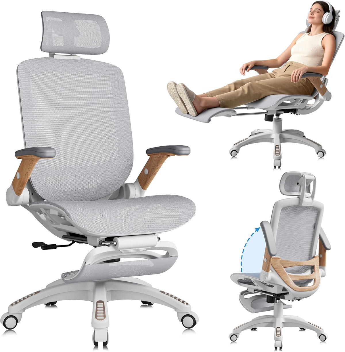 Ergonomic High-Back Office Chair with Footrest – Flip-Up Arms, 3D Headrest, 135° Recline, and Wide Mesh Seat with Lumbar Support. Rolling Swivel Task Chair for Gaming or Work, Sturdy, 300 LBS, 01NT-FT