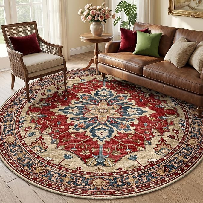 RELEANY Area Rugs Round 6ft Washable Non-Slip, Floral Vintage Distress