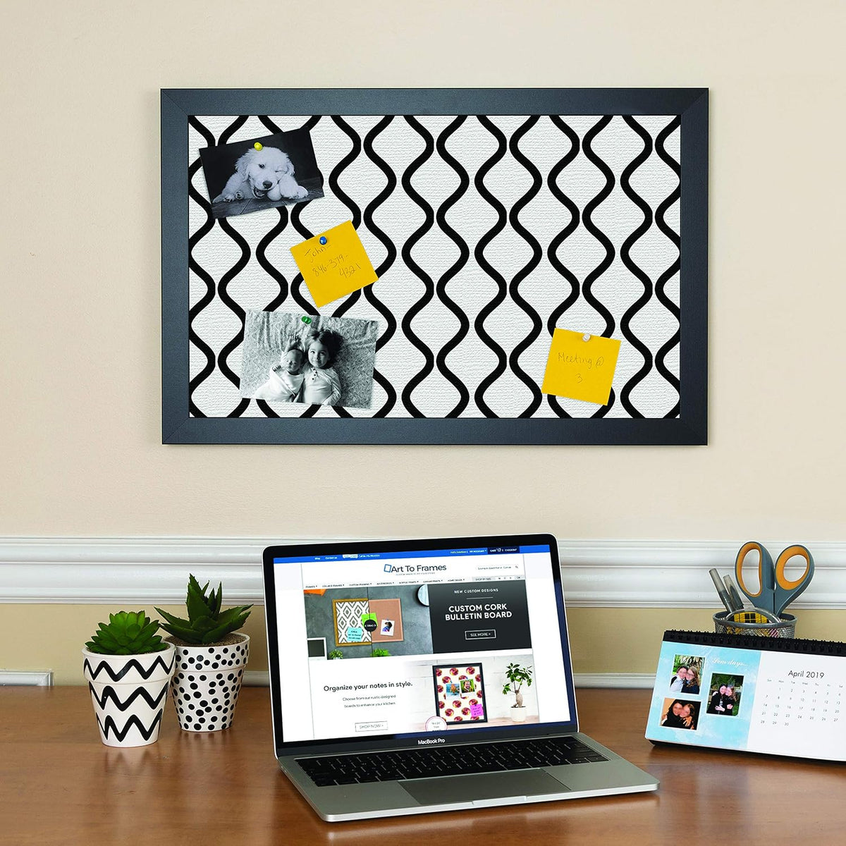 ArtToFrames PinPix 12x36 Inch Custom Cork Bulletin Board. This Waves in Black and White Pin Board Has a Fabric Style Canvas Finish, in a Satin Black Frame (PinPix-194-12x36_FRBW26079)