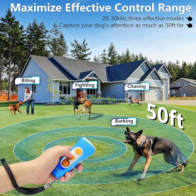 MODUS New Anti Barking Device, 4X Ultrasonic Emitters Dog Bark Deterrent Device, Rechargeable Dog Barking Control Devices with 50ft Range Dog Training Tool, Alternative to Dog Shock Collar (Blue)