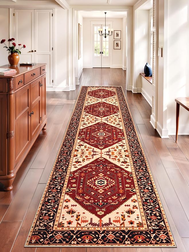 SERISSA Runner Rug for Hallways, Extra Long Boho Rug Ultra Soft Vintage Red