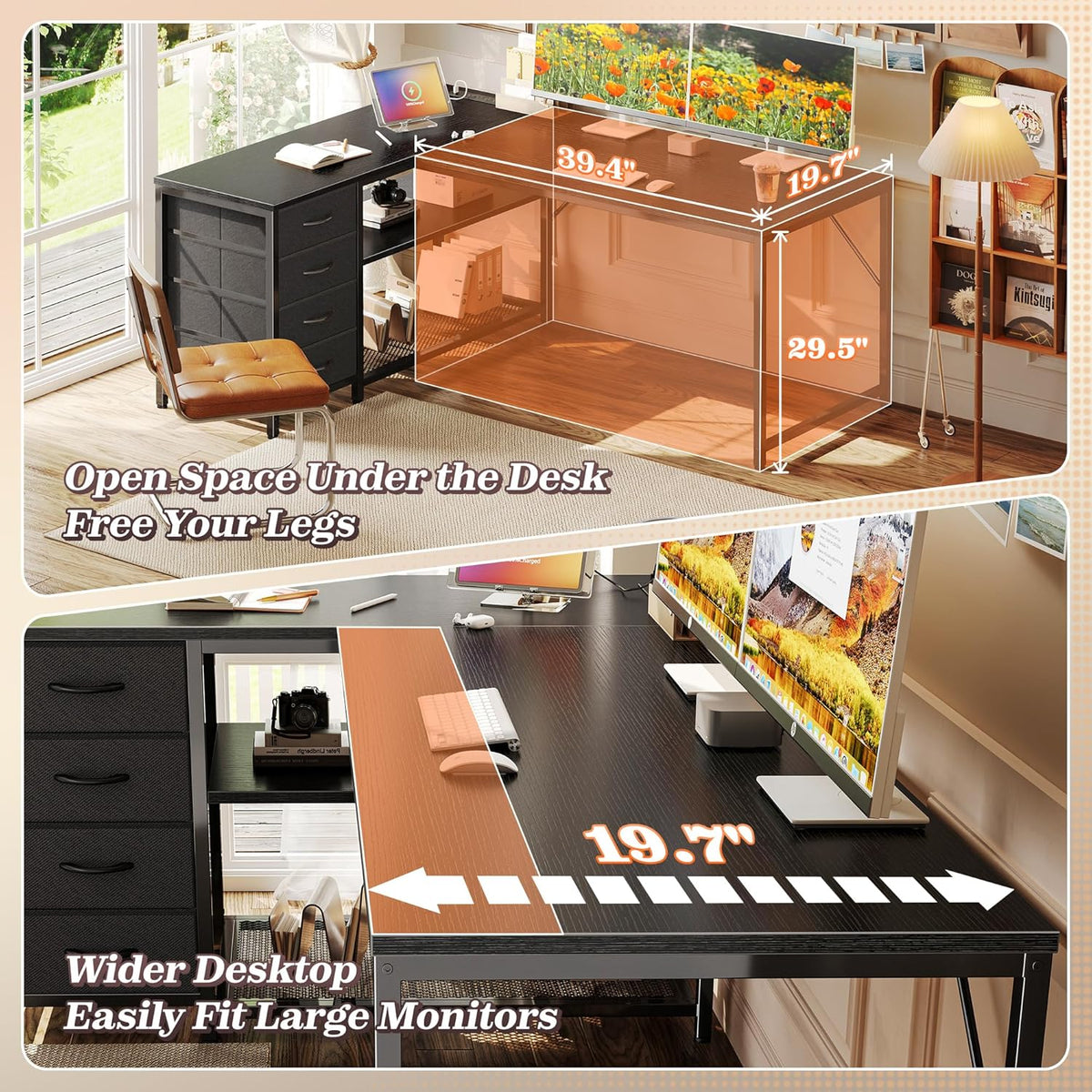 PRAISUN 53" L Shaped Desk with Power Outlets & 4 Drawers