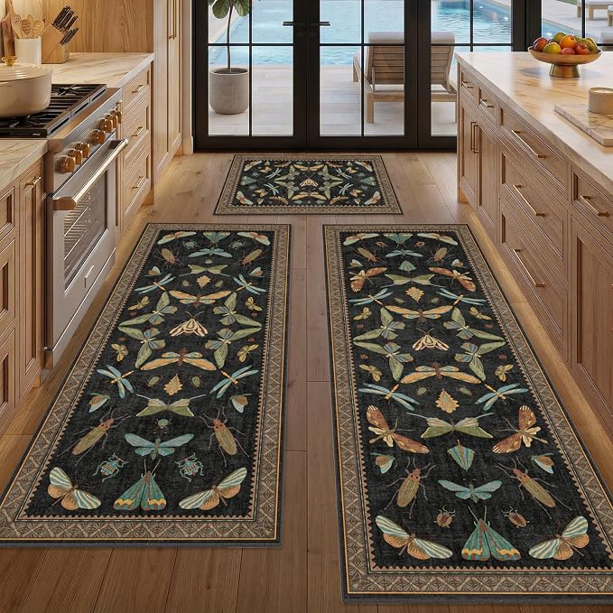 JTJ Insect Botanical Kitchen Rug Set 3 Piece, Vintage Whimsical Runner Rugs