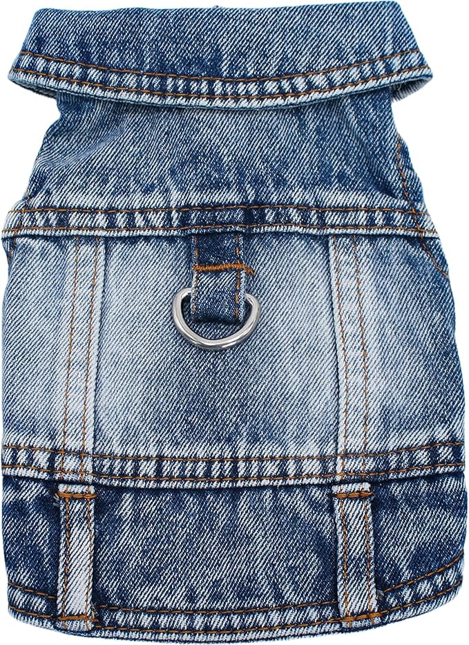Puppy Clothes for Small Dogs Boy,Classic Western Denim Dog Coat,Dog Jeans Jacket with Leash D-Ring,Pet Cat Costumes,Cooling Harness Vest for Walking (Blue, X-Small)