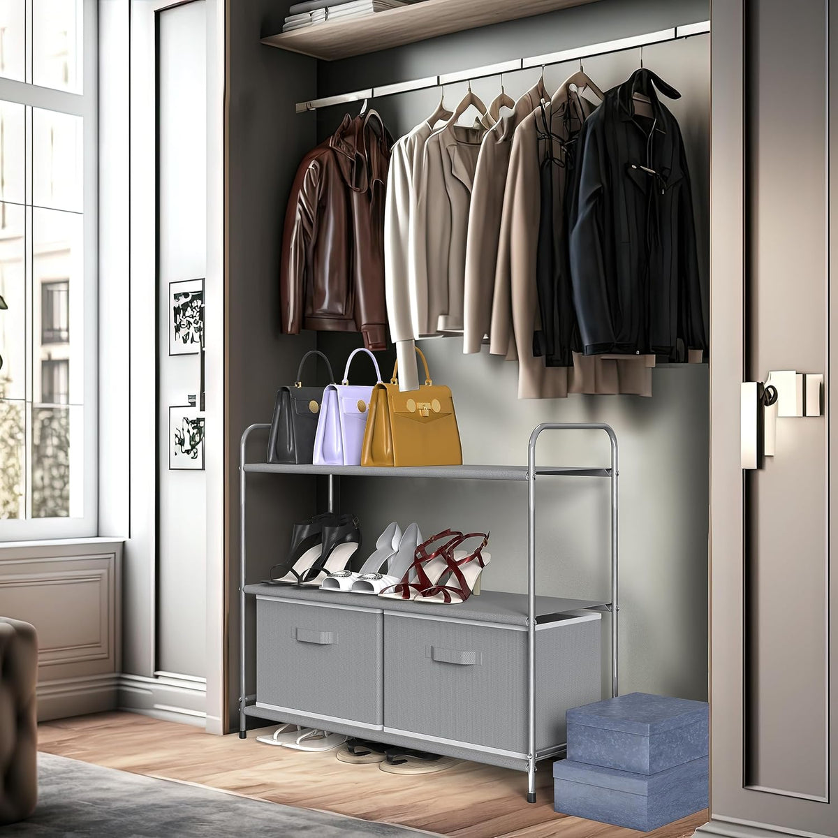 Simple Houseware 3-Tier Closet Storage with 2 Drawers, Grey