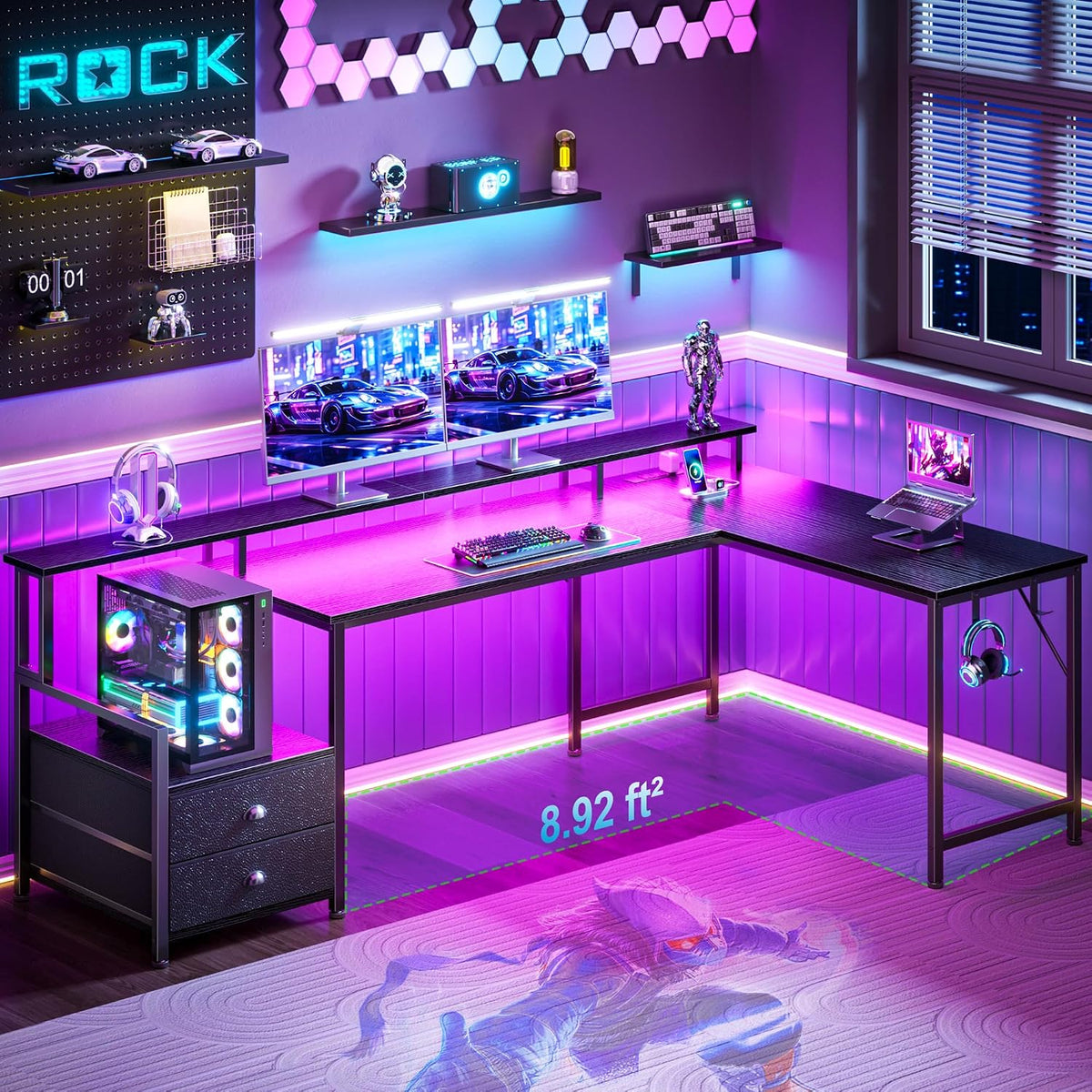Korfile 66'' L Shaped Gaming Desk with Storage Drawers, Power Outlets, LED