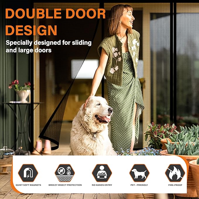 Double Door Fiberglass Magnetic Screen Door，Screen Door Mesh，Keep Bugs Out, Heavy-Duty Mesh Curtain,Pet and Kid Friendly, Works with Front Doors, Sliding Doors（72x80 Inch