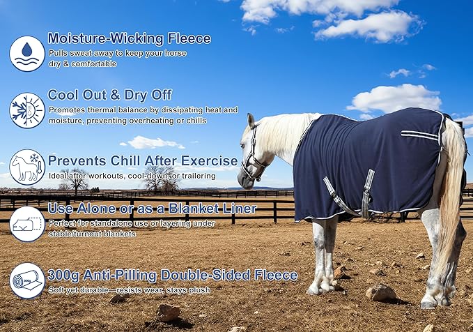 Horse Fleece Cooler, Blanket Liner - 300g Anti-Pilling Fleece, Moisture-Wicking, Cooling & Drying for Post-Workout, Bath & Travel, Prevent Overheating & Chilling Navy 66