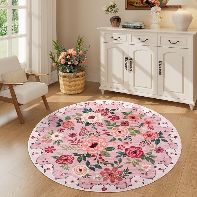 DUKINO Floral Round Rug, 4ft Washable Round Area Rug, Non Slip Indoor Low Pile