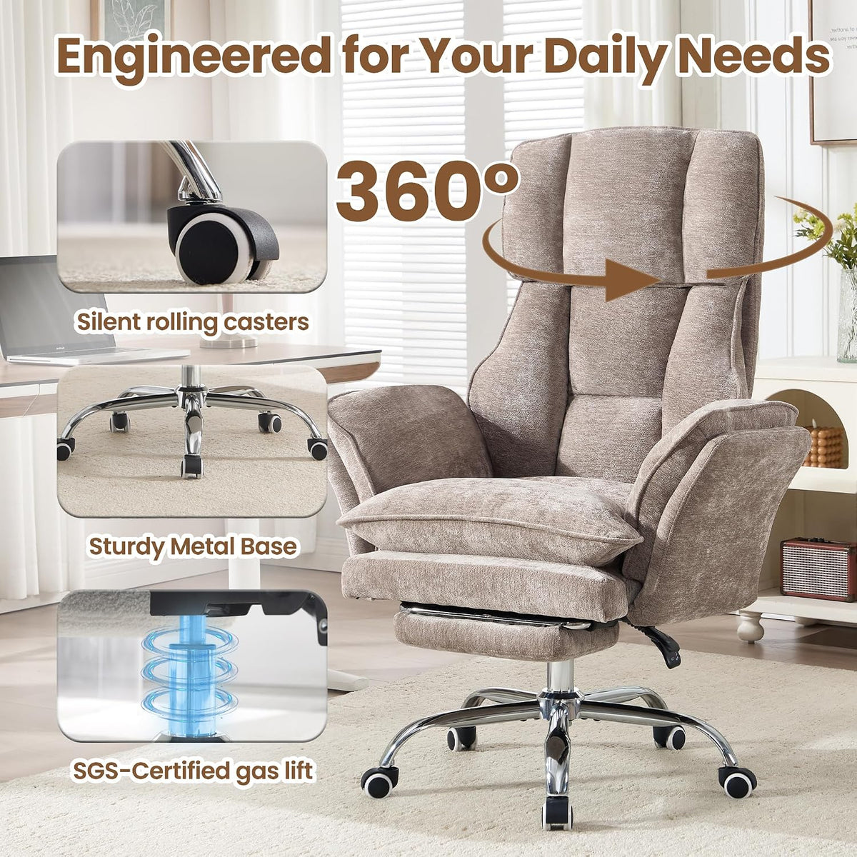 Big and Tall Office Chair with Flip Arms and Footrest, Chenille Criss Cross Legged Home Office Desk Chair with Pet Seat, Comfy Reclining Computer Gaming Chair, Khaki