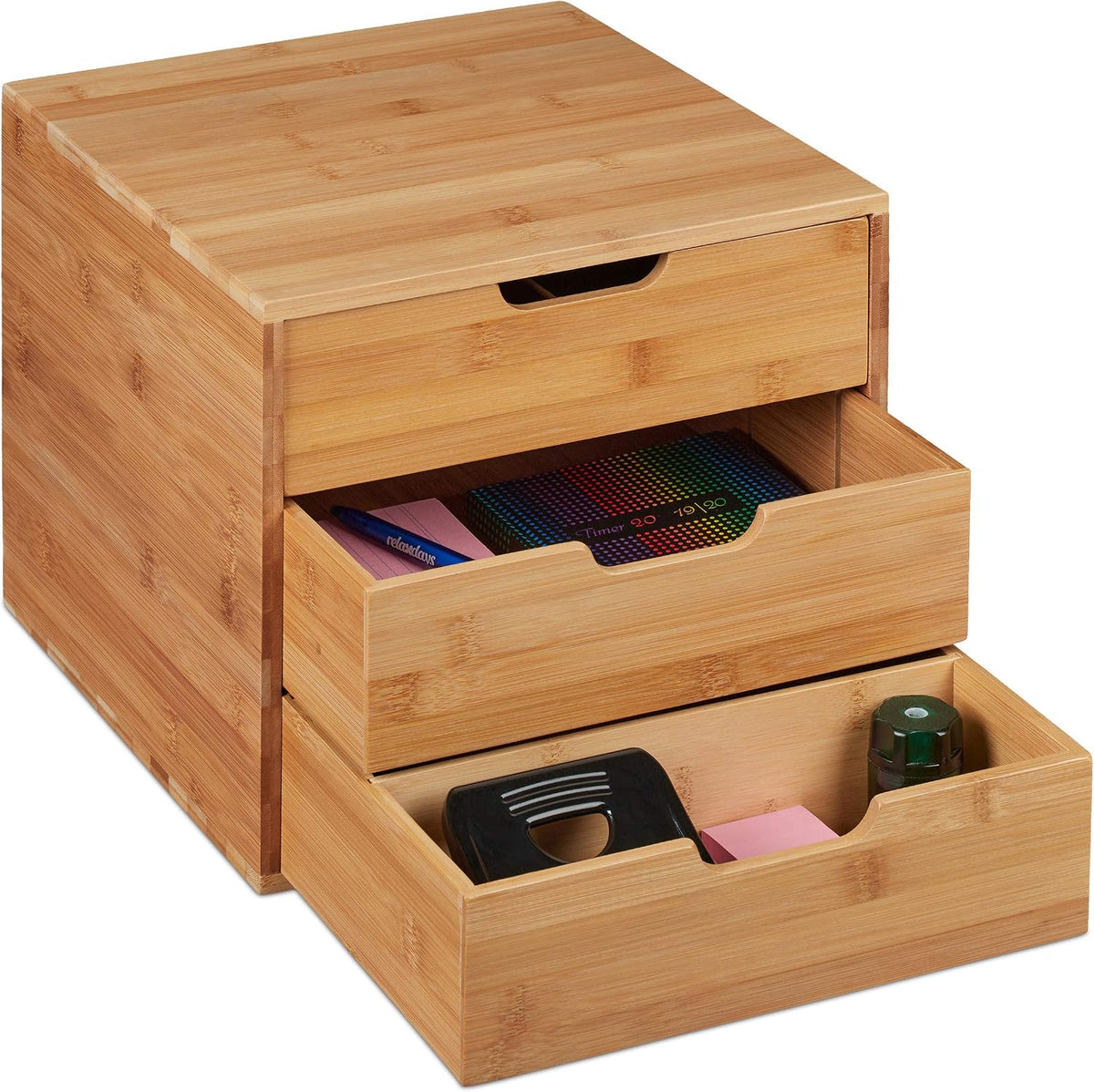 Relaxdays Desk Organiser, 3, Office Utensils, Bamboo Shelf, Drawer Box, HBT 26 x 30 x 31 cm, Natural, 1 Item