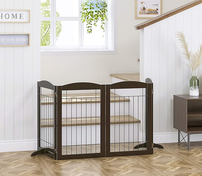 Spirich Freestanding Wire Pet Gate for Dogs, 30 inches Tall Dog Gate for The Houes, Doorway, Stairs, Pet Puppy Safety Fence,Set of Support Feet Included (Espresso, 4 Panels) ASIN: B07T8Z8NKL