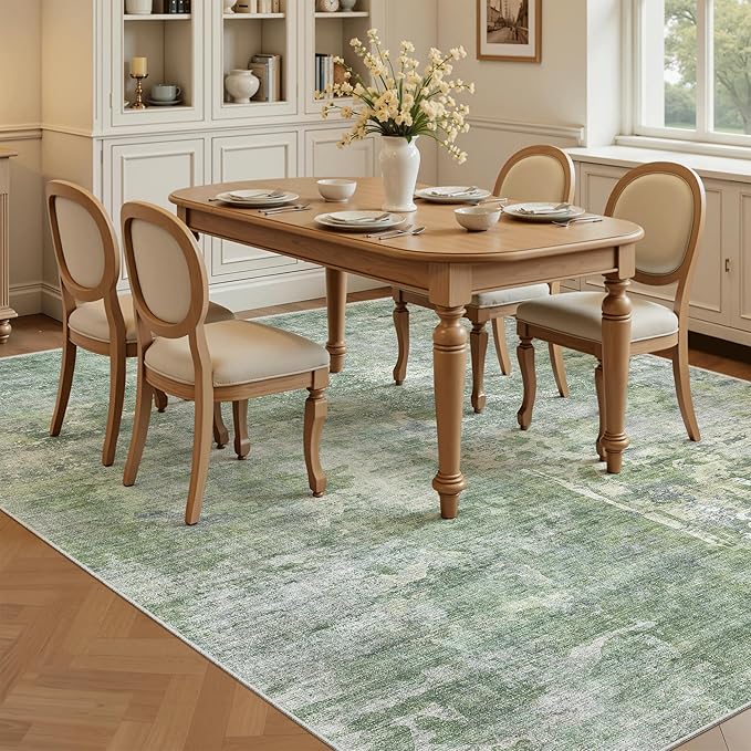 Soalmost Abstract Rug 5x7 Machine Washable Area Indoor Green Low Pile Non-Slip