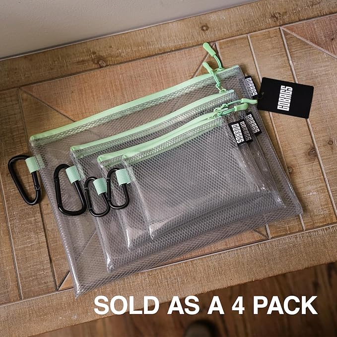GOBAGS Air Production Multi‑Size Clear Zipper Pouch (4‑Pack) – Cable Organizer & Travel Gear Bag for Electronics, Camera Accessories, Tool Pouch & Small Tech Storage (Mint Green)
