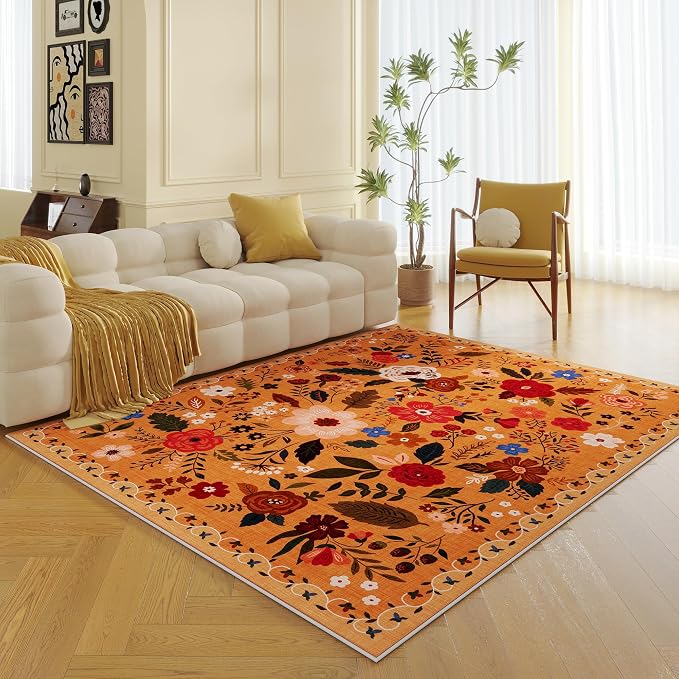 Rugcomf Living Room Rug 5x7 Rug Machine Washable Boho Area Rug Non Slip Floral