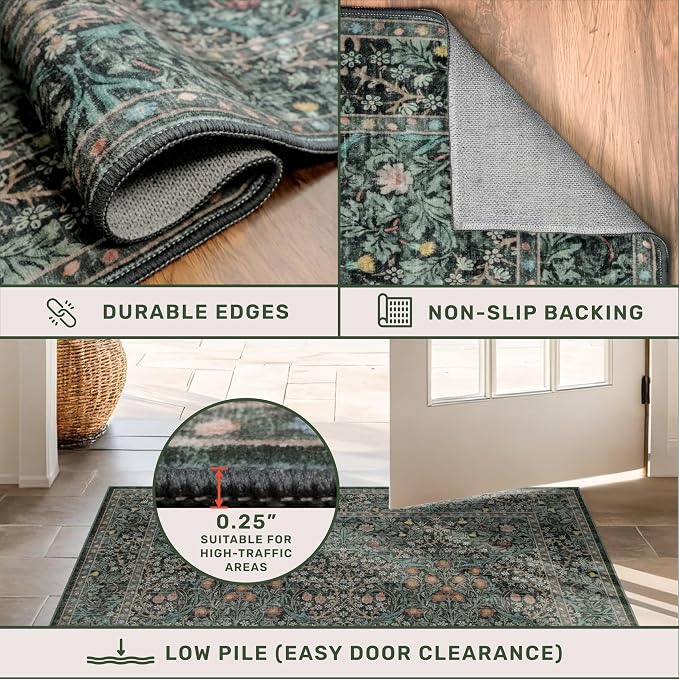 Vintage Dark Green Living Room Rug, 7x10 Washable Area Rugs