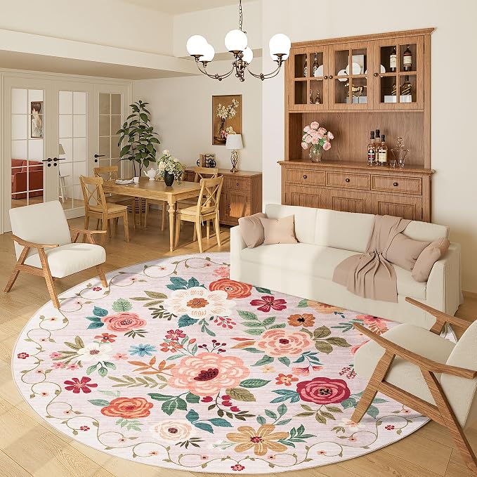 DUKINO Floral Round Rug, 6ft Washable Circle Rug, Non Slip Indoor Low Pile