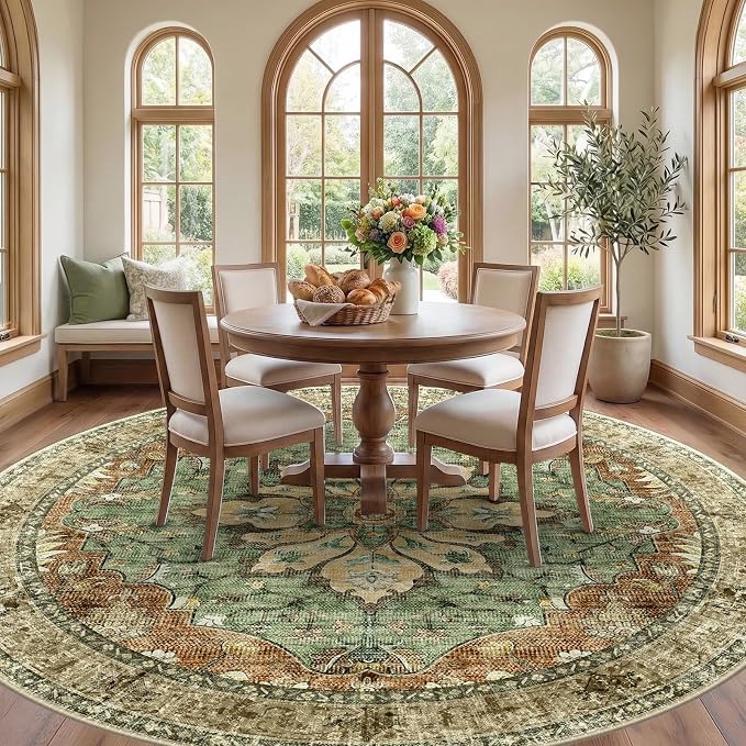 RELEANY Area Rugs Round 10ft Washable Non-Slip, Floral Vintage Distress