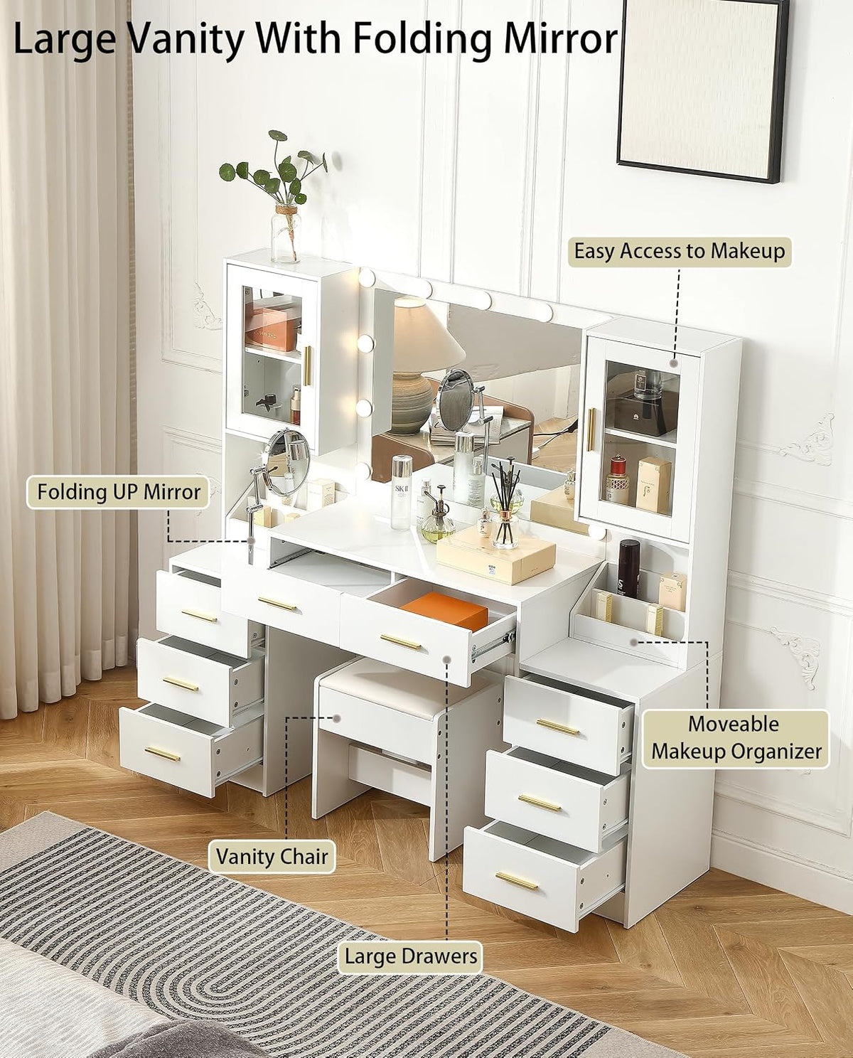 FOREST GRAVITY 55.1'' Extra Large Makeup Vanity Desk with Folding Up Mirror