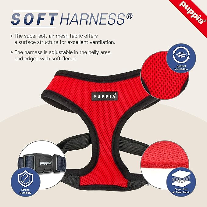 Puppia Soft Dog Harness No Choke Over-The-Head Triple Layered Breathable Mesh Adjustable Chest Belt and Quick-Release Buckle, Red, XX-Large