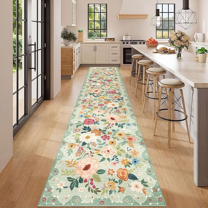 DUKINO 2.6x12 Kitchen Runner Rug, Lightweight Floral Washable Rug