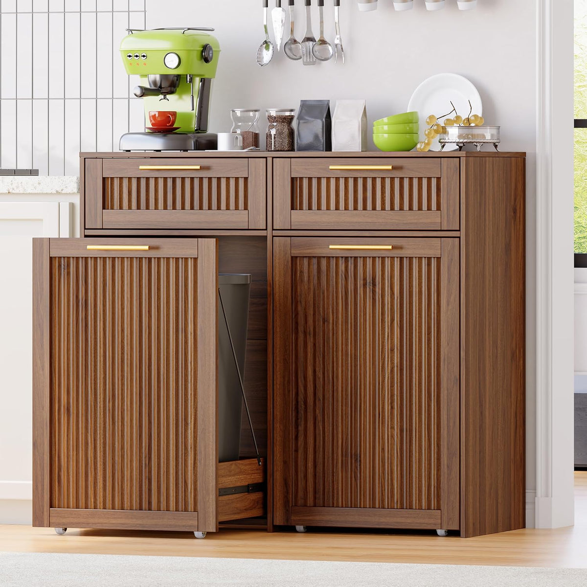 Double 13 Gallon Pull Out Trash Can Cabinet with Drawer, Garbage Cabinet