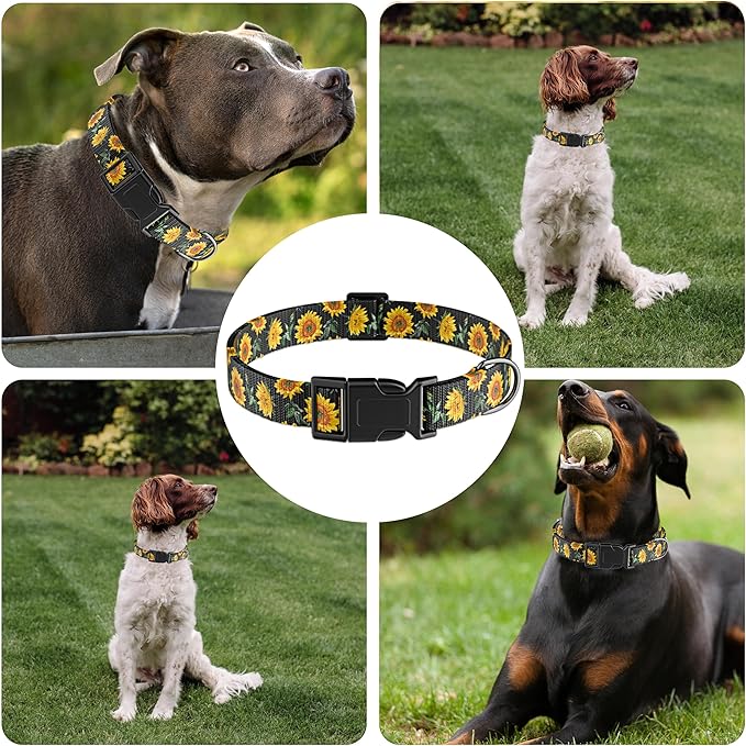 Dog Collar for Boys Girls, Sunflower Puppy Collar for Small Medium Large Dogs, Adjustable Soft Floral Pet Collar with Safety Buckle for Male Females(Black Sunflower,L)