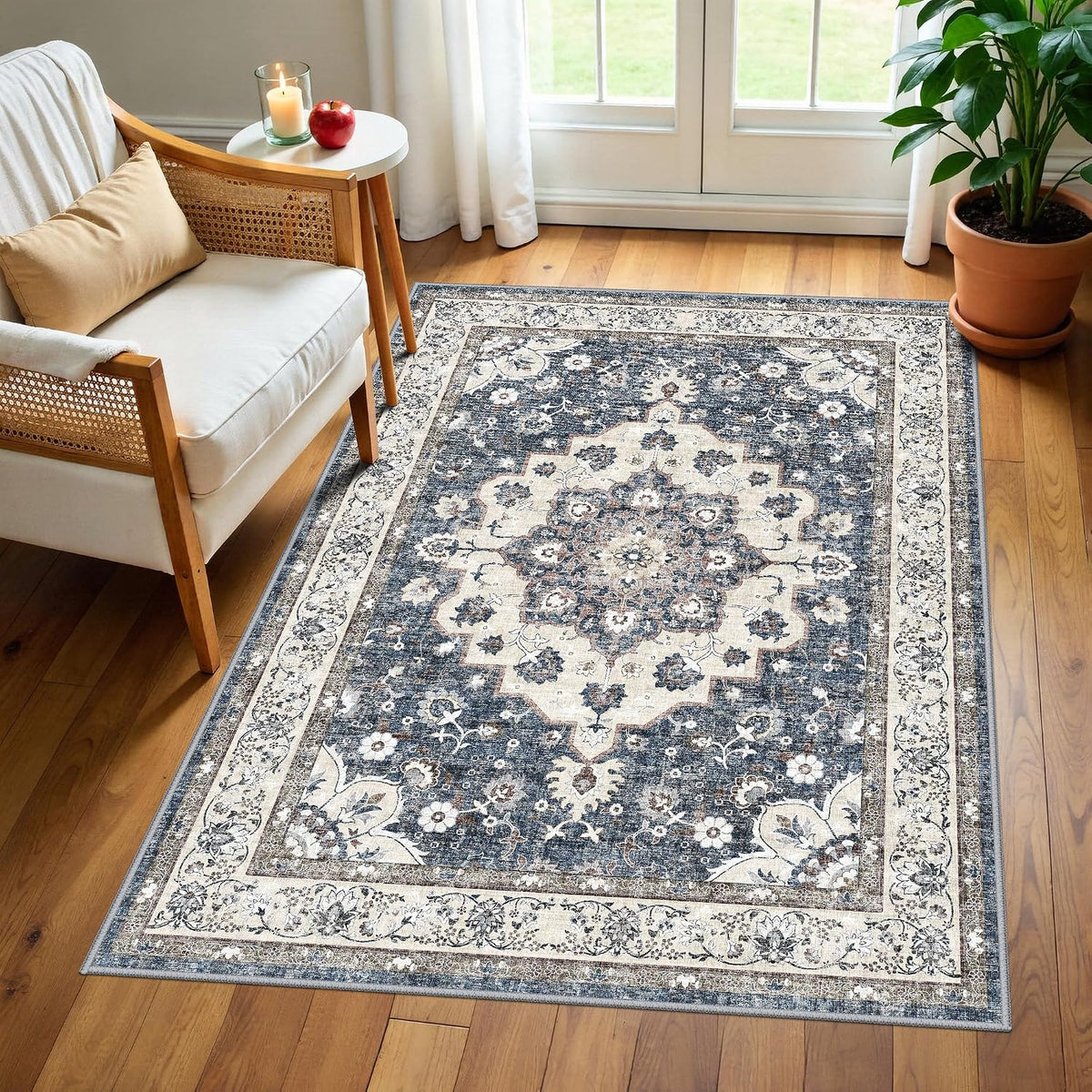 Washable 3x4 Entryway Area Rug: Non-Slip Stain Resistant Floor Mat Light Weight Thin Runner Rug for Hallway Kitchen Bedside Soft Low-Pile Indoor Entrance Carpet for Family with Cats & Dogs (3x4,Blue)