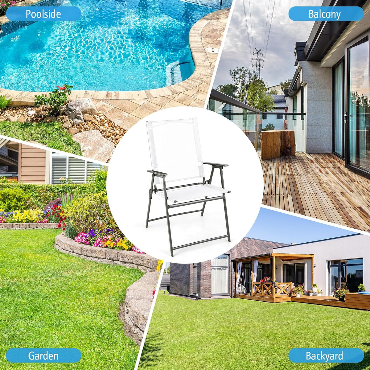Tangkula Set of 2 Patio Folding Chairs, High Back Dining Chairs with Weather-Resistant Fabric, No Assembly, Outdoor Portable Metal Lawn Chairs with Armrests & Footrest for Garden (White)