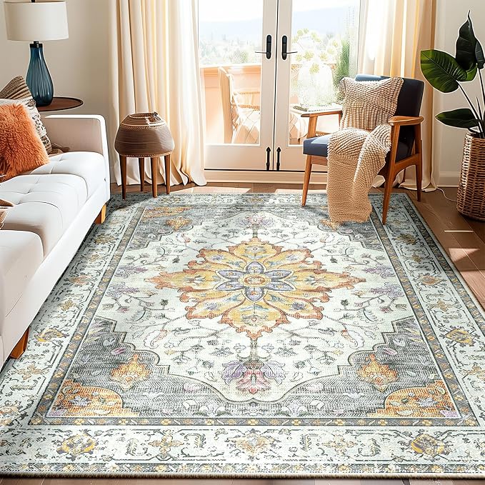 RELEANY Area Rugs 6'x9' Washable Non-Slip, Floral Vintage Distress Medallion