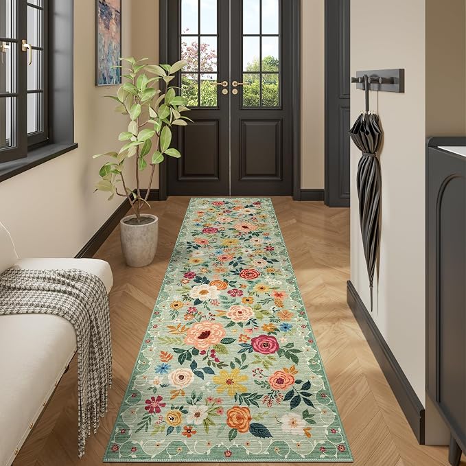 DUKINO 2.6x12 Kitchen Runner Rug, Lightweight Floral Washable Rug