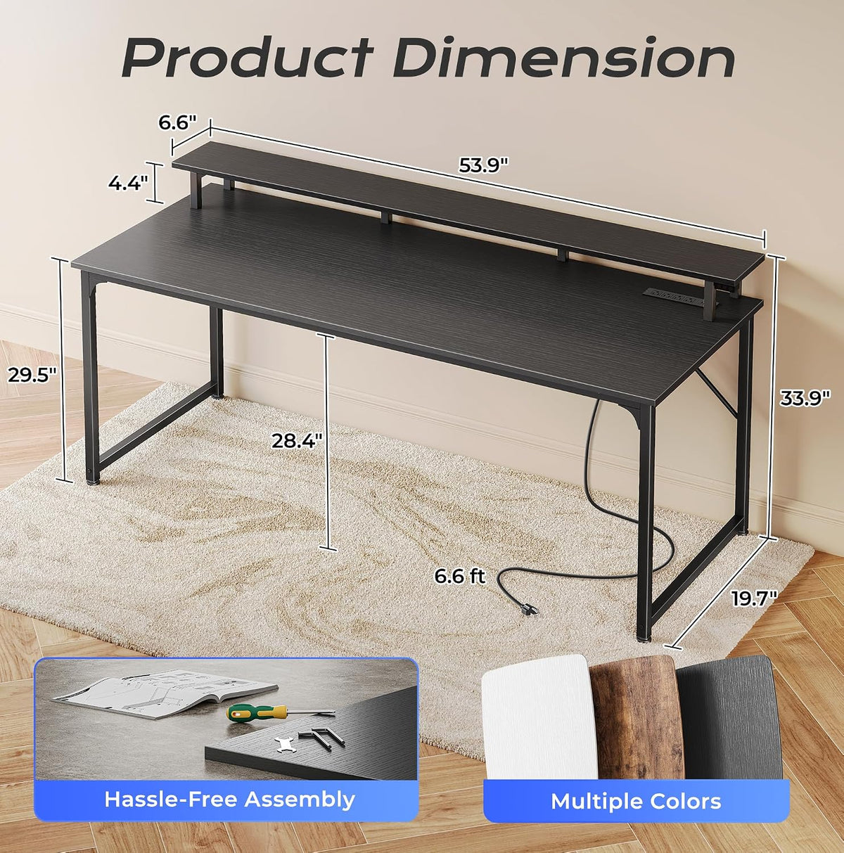 PRAISUN 55 inch Gaming Desk, LED & Power Outlets, Monitor Stand, Black