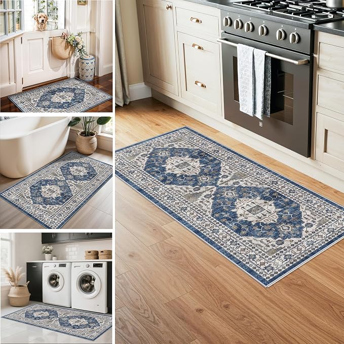 Washable 4-Piece Kitchen Floor Mats: Farmhouse Non-Slip Kitchen Sink Rug Easy