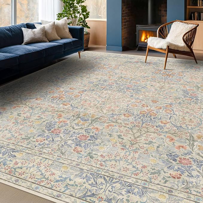 Vintage Washable Beige Blue 10x12 Rug