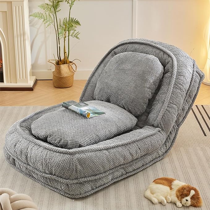 Adjustable 5-Position Human Dog Bed for People, Big Comfy Plush Floor Gaming Lazy Sofa Chair with Pillows & Back Support, Foldable Lounge Loveseat Couch for Living Room Bedroom (Gray)
