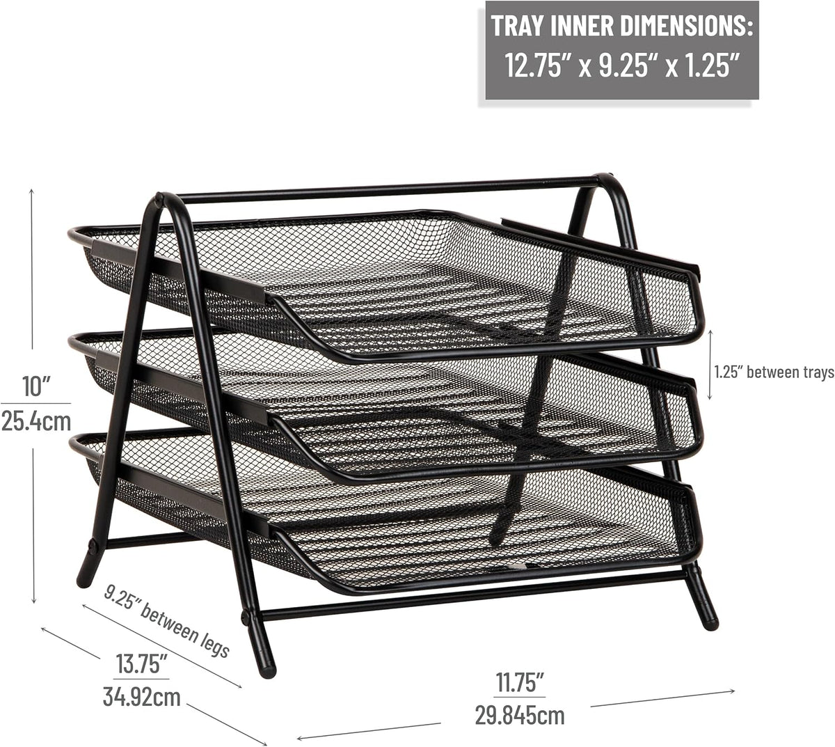 Mind Reader 3-Tier Paper Tray, Desktop Organizer, File Storage, Office, Metal Mesh, 11.75" L x 13.75" W x 10" H, Set of 2, Black