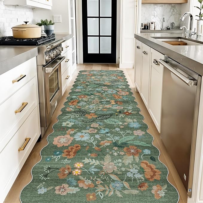 Washable 3x10 Hallway Runner Rug: Floral Scalloped Soft Runners
