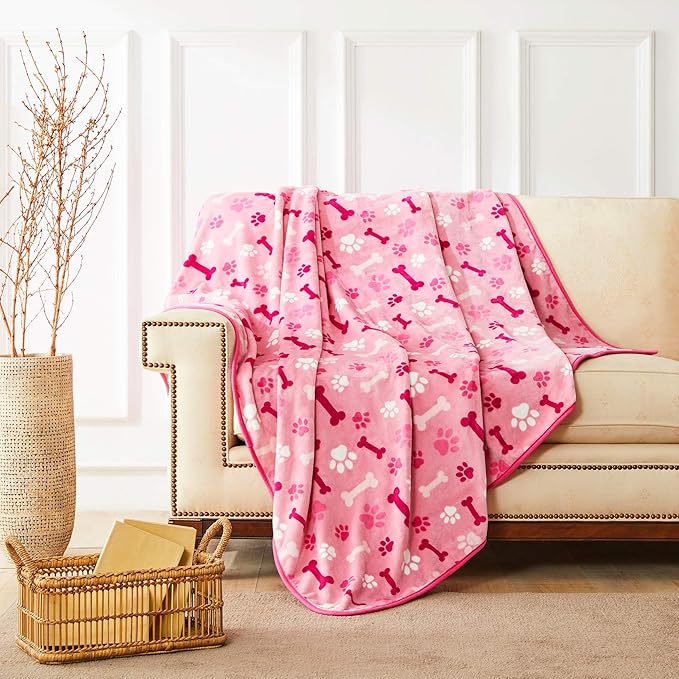 Allisandro Luxurious Dog Blanket, 350 GSM Super Fuzzy Microplush Fleece Pet Blankets for Small Medium Large Dogs and Cats, Pink Paw and Bone, 80" x 64”