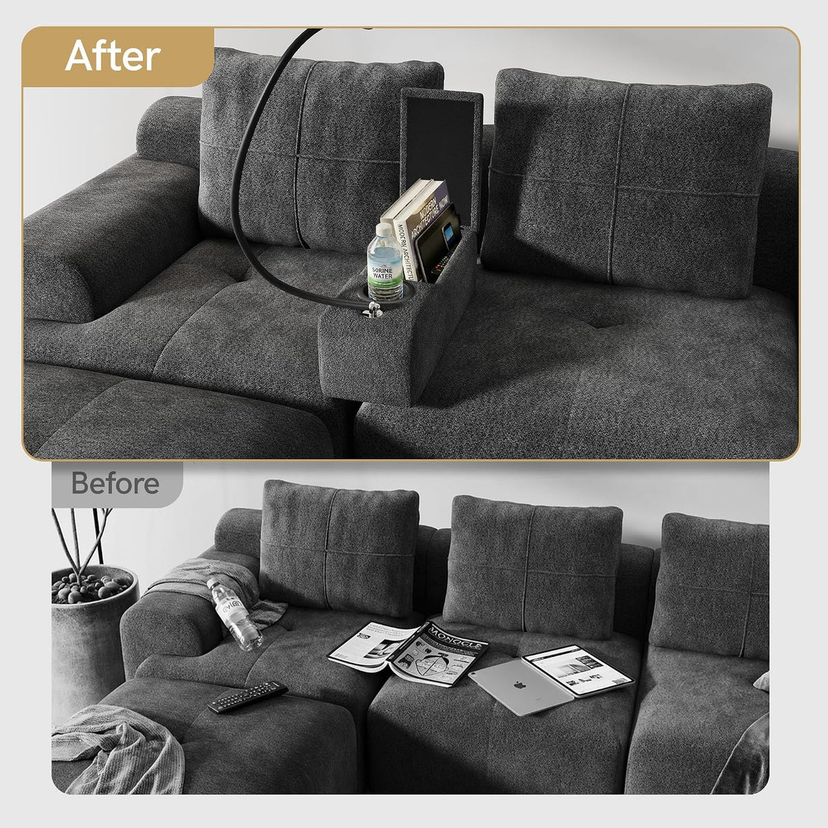 Couch Caddy with Cup Holder, Dark Gray Chenille Armrest Console