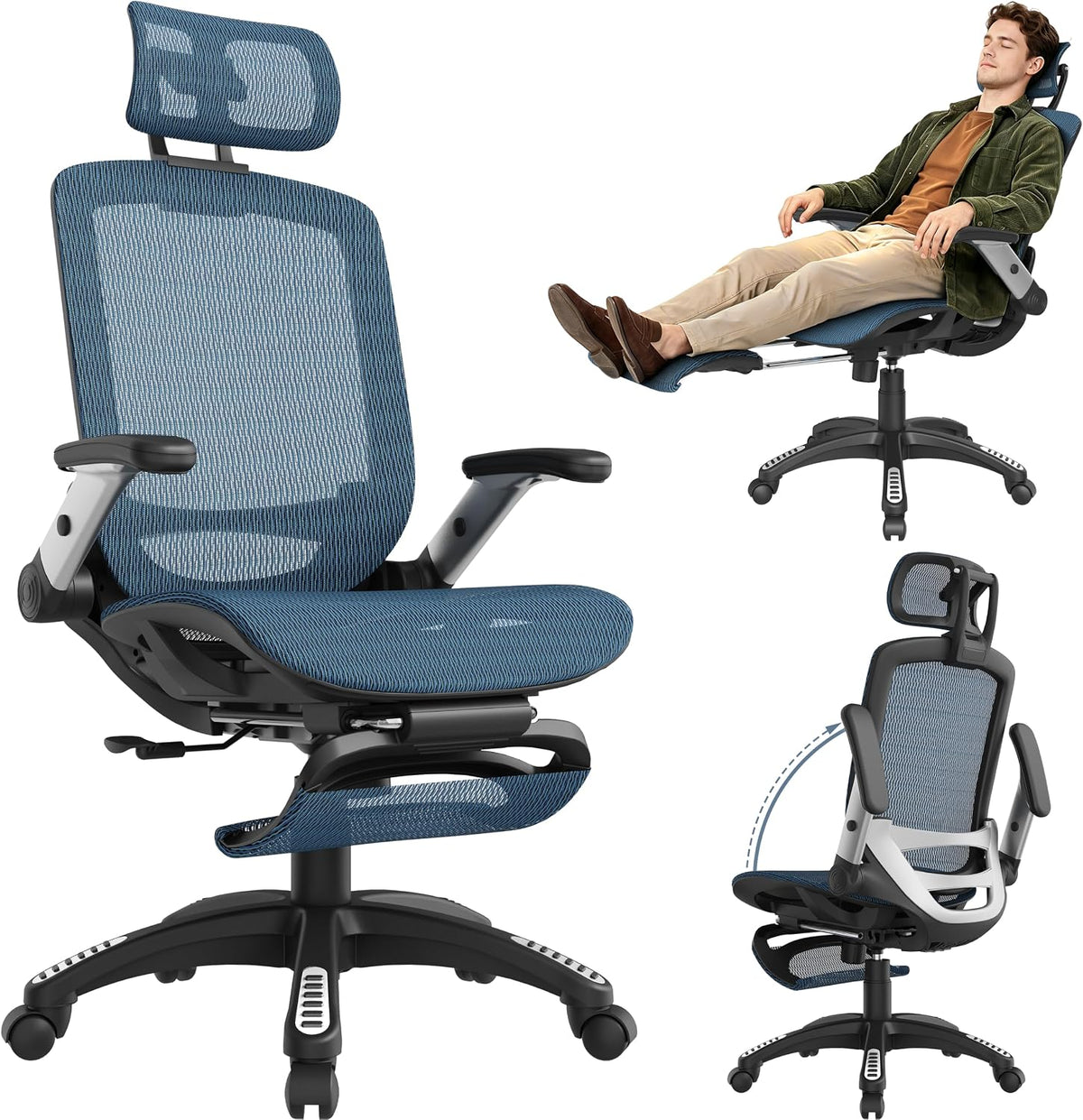 Ergonomic Office Chair with Footrest – High Back Executive Mesh Desk Chair for Corporate & Home, 135° Recline Task Computer Chair with Flip-Up Arms, Wide Seat, Class-4 Cylinder, 300 LBS - GY01BL-FT