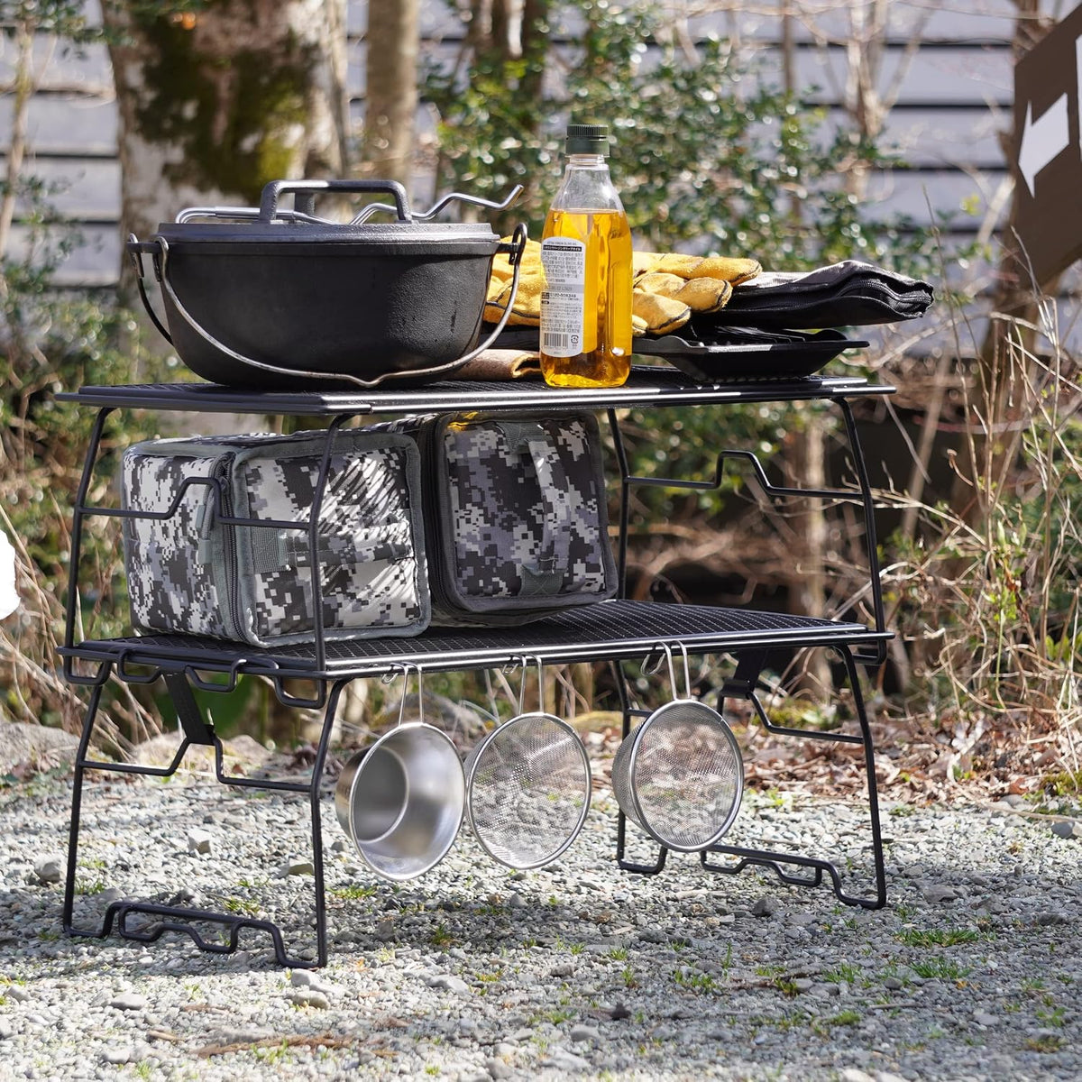 CAMPINGMOON Stacking rack Iron ground rack Two-stage folding rack Expanded metal table JP-T-238-2T Black Large