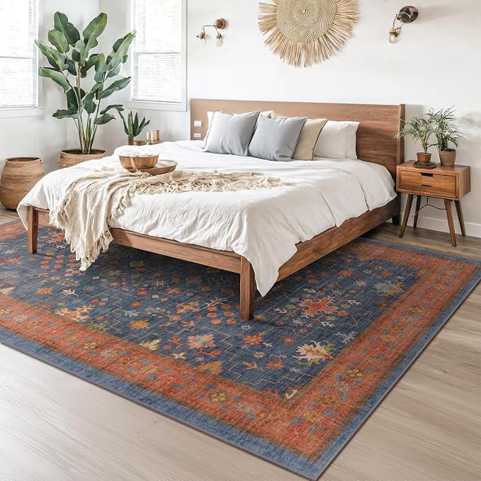 Boho Navy Blue 10x14 Area Rug for Living Room, Extra Large Dining Room Rugs for
